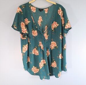 Torrid Teal Floral Pleated Front Top